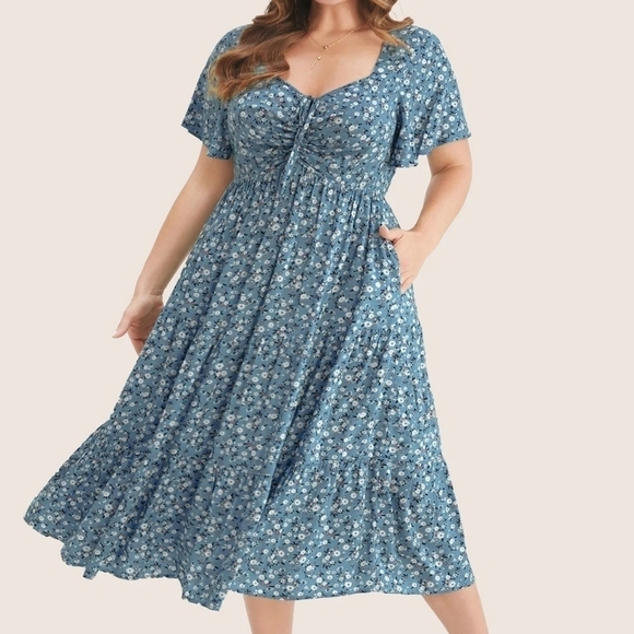 Ditsy Floral Drawstring Ruched Pocket Ruffle Tiered Teal Dress - Picture 1 of 10